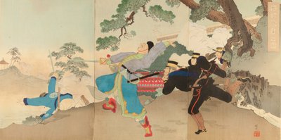 Ilustracja ciężkiej bitwy w Haicheng autorstwa Adachi  Ginkō